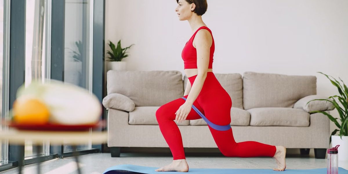 Side view of fit female in sportswear with short hair doing exercise with elastic band on blue mat near sofa in living room